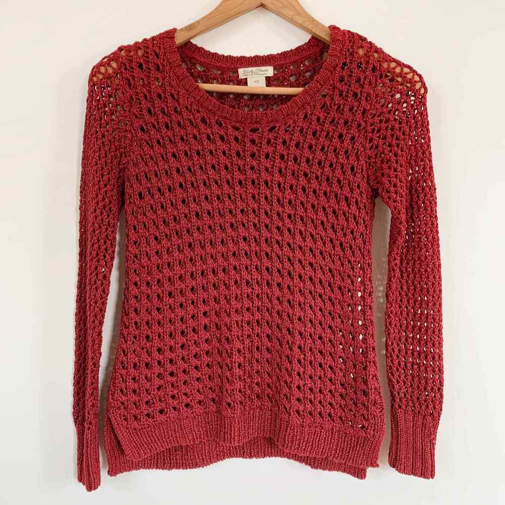 Lucky Brand Marissa Open Knit Sweater Metallic Crochet Pullover Burgundy XS